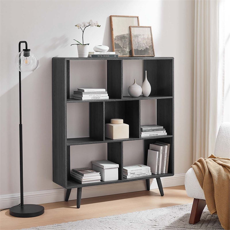 Scranton & Co 7-Shelf Wood Bookcase with Splayed Dowel Legs in Charcoal