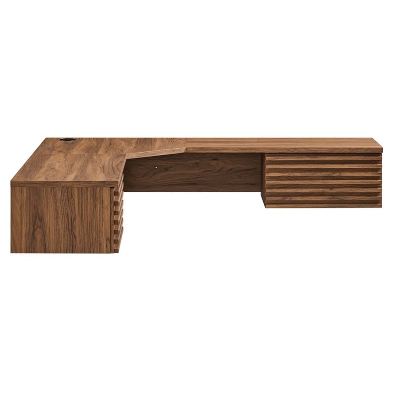 Scranton & Co Wall Mount Corner Wood Office Desk with Drawers in Walnut