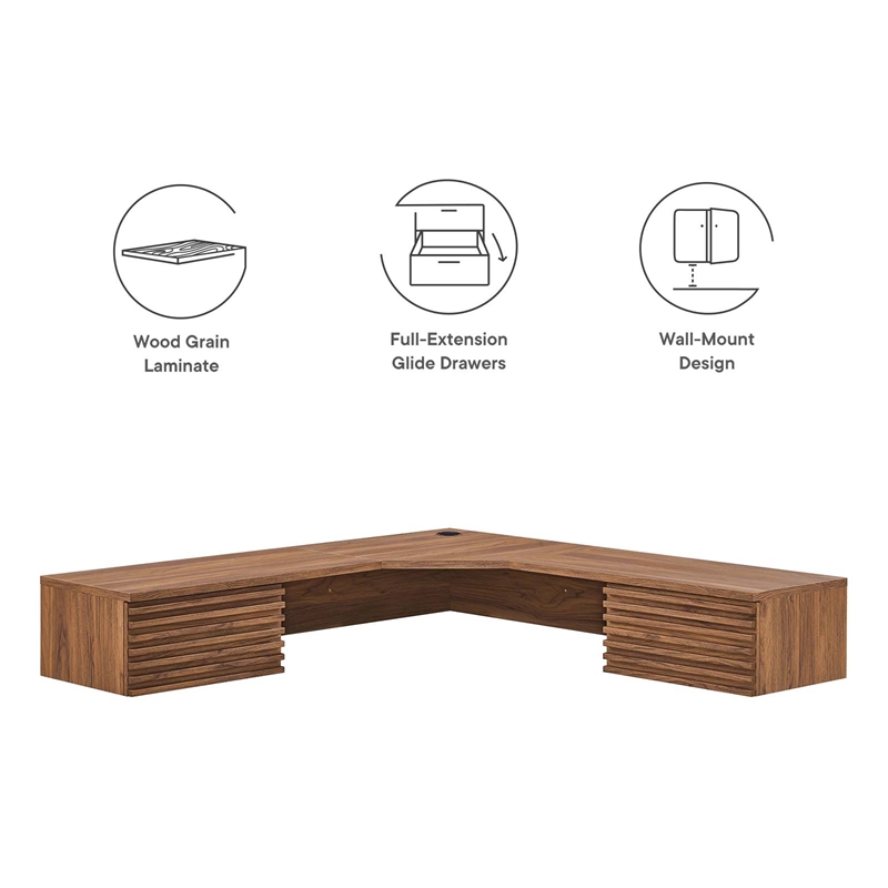 Scranton & Co Wall Mount Corner Wood Office Desk with Drawers in Walnut
