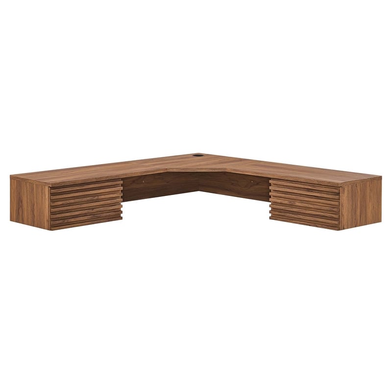 Scranton & Co Wall Mount Corner Wood Office Desk with Drawers in Walnut