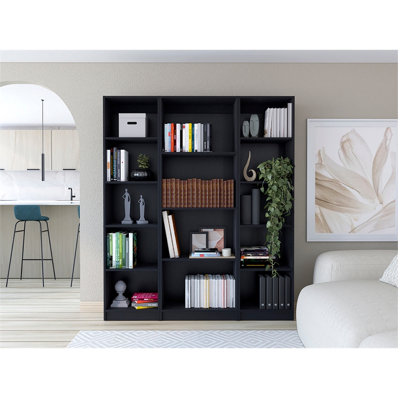 Scranton & Co 3-Piece Black Engineered Wood Living Room Set with Bookshelves