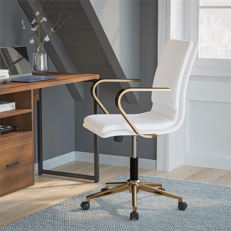 Scranton & Co Mid-Back Faux Leather Swivel Office Chair in White and Gold