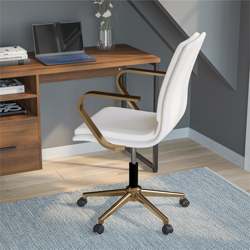 Scranton & Co Mid-Back Faux Leather Swivel Office Chair in White and Gold