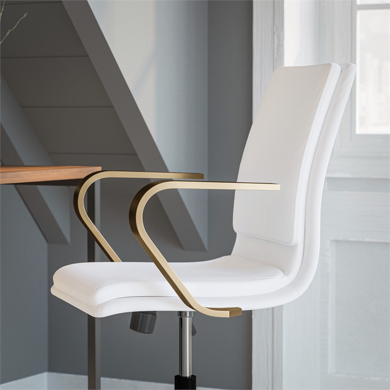 Scranton & Co Mid-Back Faux Leather Swivel Office Chair in White and Gold