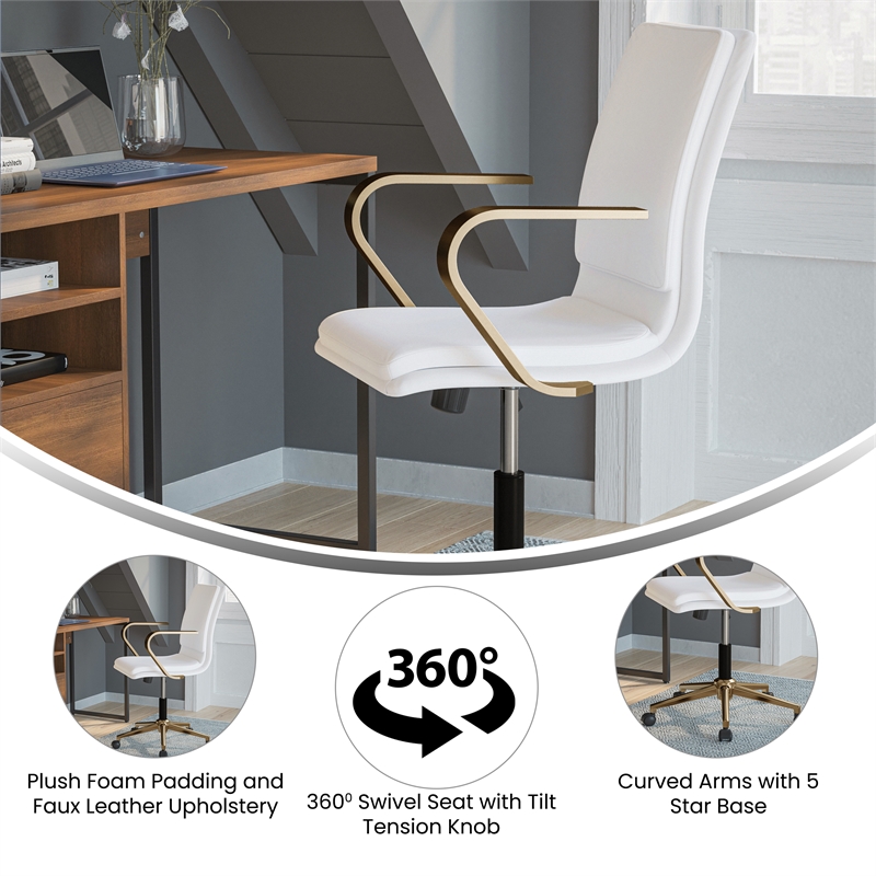 Scranton & Co Mid-Back Faux Leather Swivel Office Chair in White and Gold