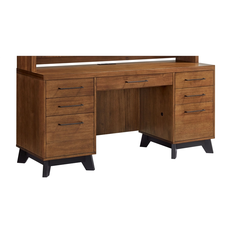 Scranton & Co Wood Office Desk with Power Center in Medium Brown