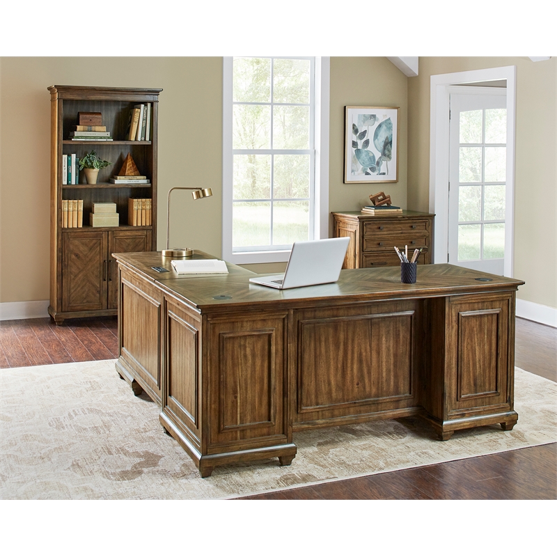 Scranton & Co Wood L-Shaped Office Desk with Grommets in Brown