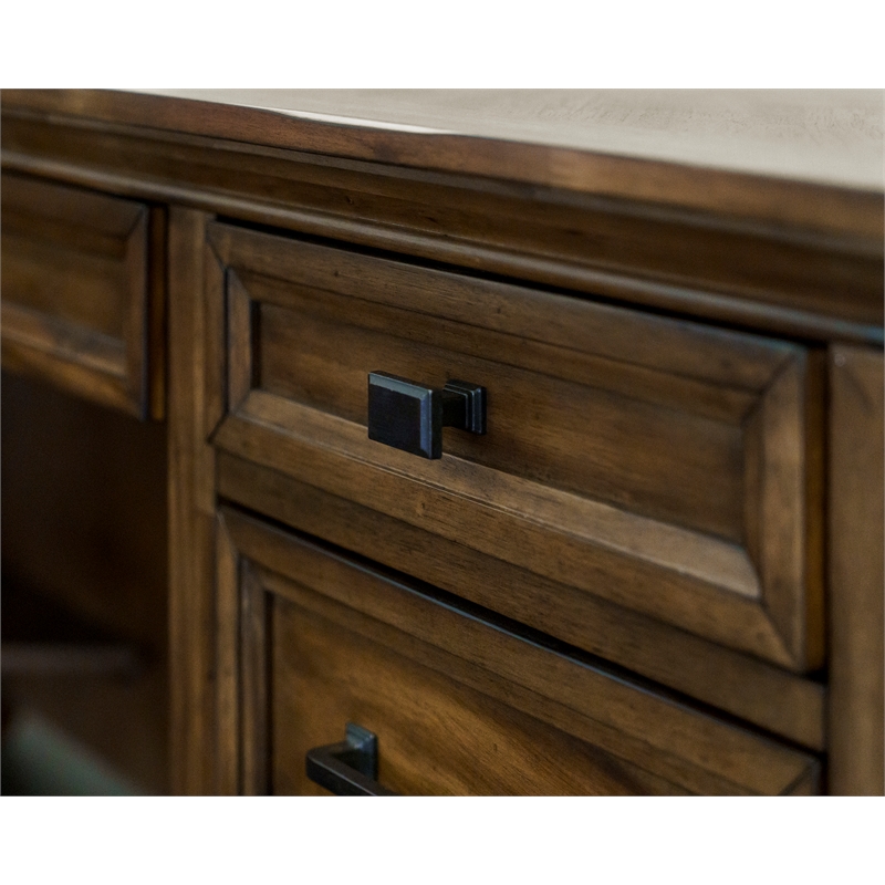 Scranton & Co Wood L-Shaped Office Desk with Grommets in Brown