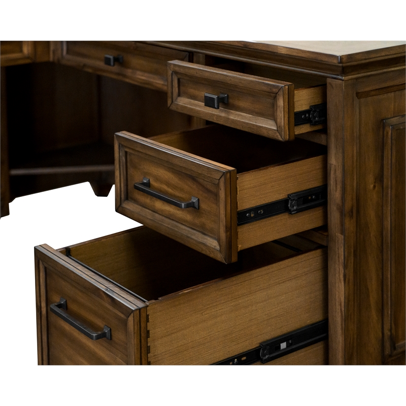 Scranton & Co Wood L-Shaped Office Desk with Grommets in Brown