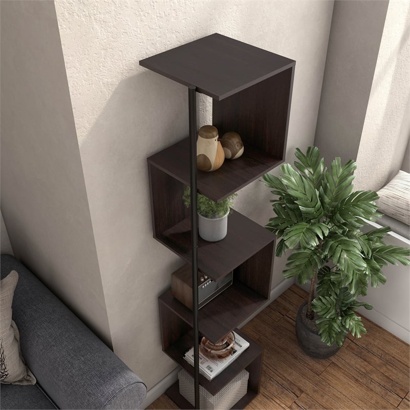 Scranton & Co Modern Wood 5-Shelf Corner Bookcase in Red Cocoa