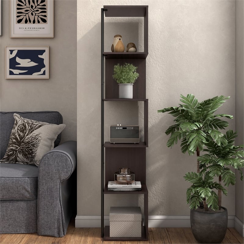 Scranton & Co Modern Wood 5-Shelf Corner Bookcase in Red Cocoa
