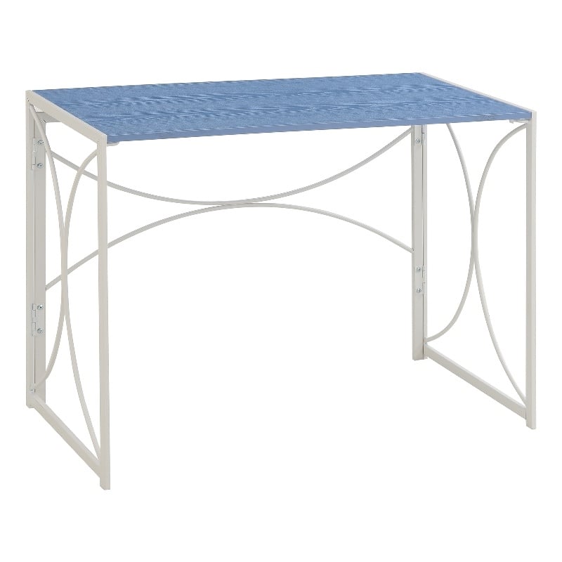 scranton & co folding desk in blue wood with white metal frame