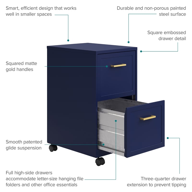 Scranton & Co 2-Drawer Mobile File Cabinet in Navy with Gold Handles