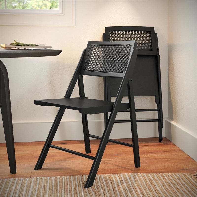 Scranton & Co Set of 2 Cane Rattan Folding Chairs in Black Finish