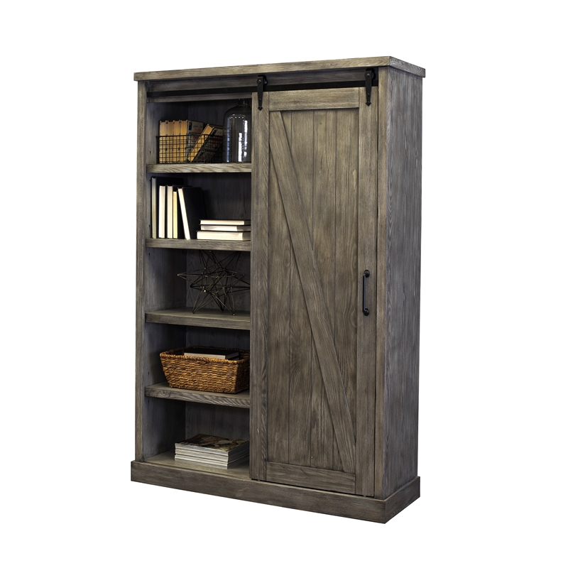 Scranton & Co 8-Shelf Wood Bookcase with Sliding Door in Gray