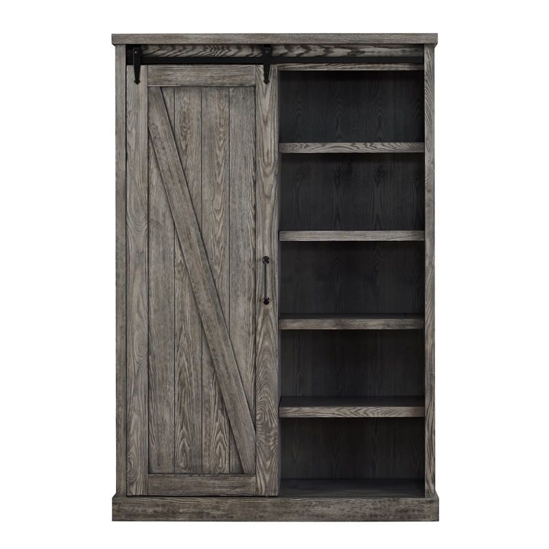 Scranton & Co 8-Shelf Wood Bookcase with Sliding Door in Gray