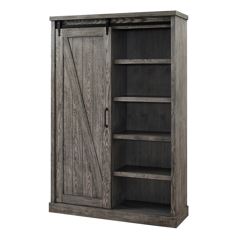 Scranton & Co 8-Shelf Wood Bookcase with Sliding Door in Gray
