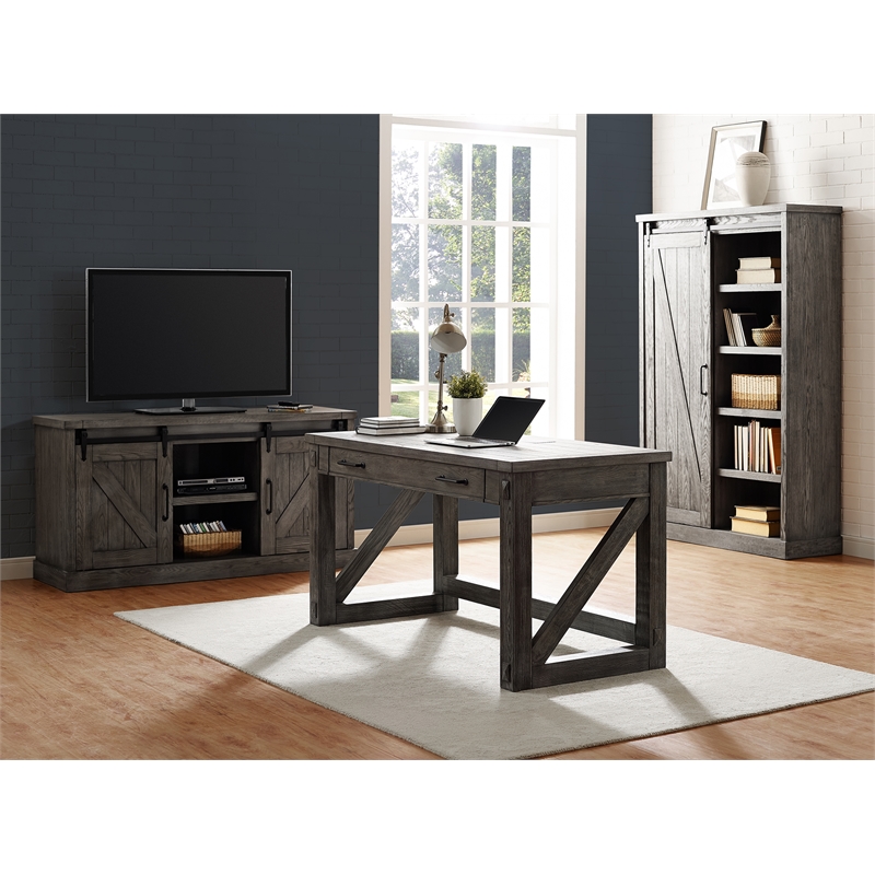 Scranton & Co 8-Shelf Wood Bookcase with Sliding Door in Gray