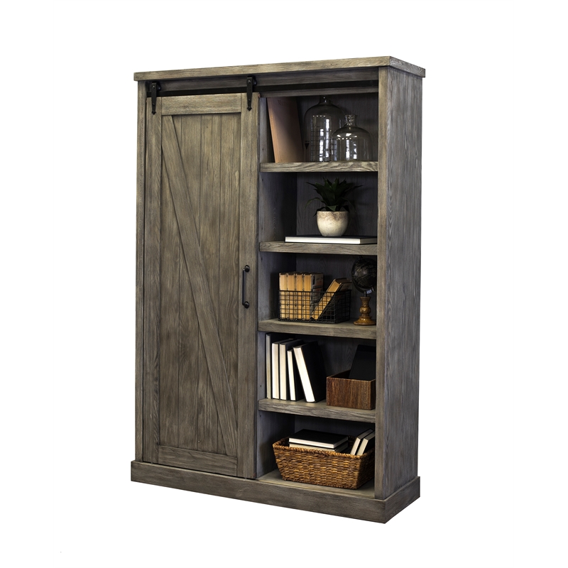 Scranton & Co 8-Shelf Wood Bookcase with Sliding Door in Gray