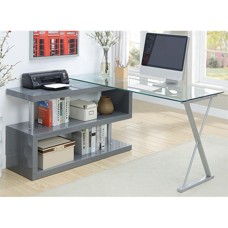 Scranton & Co Modern Gray Metal Swivel Writing Desk with Glass Top