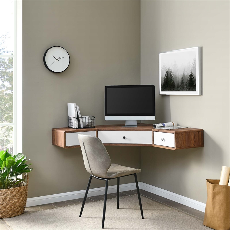 Scranton & Co Wall-Mount Corner Wood Office Desk in Walnut and White