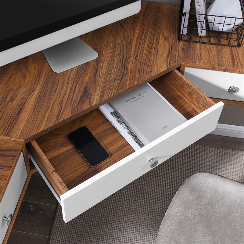 Scranton & Co Wall-Mount Corner Wood Office Desk in Walnut and White