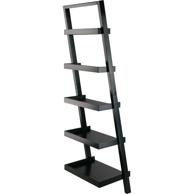Scranton & Co 5 Shelf Solid Wood Leaning Bookcase in Black