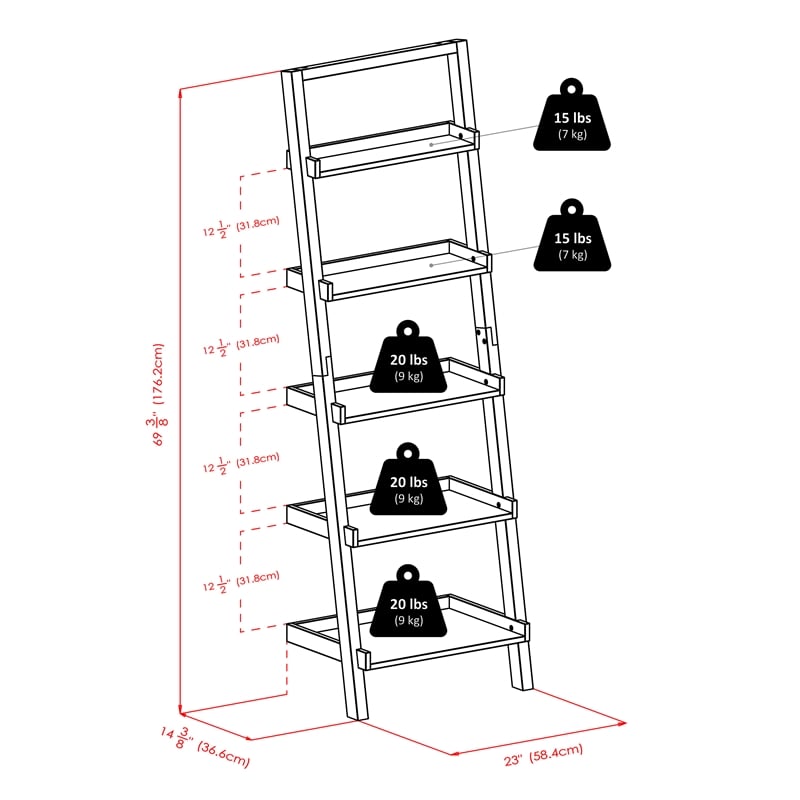 Scranton & Co 5 Shelf Solid Wood Leaning Bookcase in Black