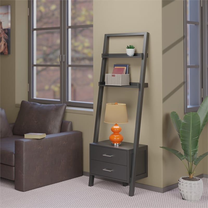 Scranton & Co Leaning Drawer Bookcase with 2 Shelves in Black Wood