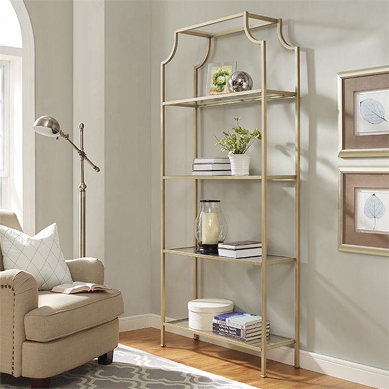 Scranton & Co 4 Shelf Etagere Bookcase in Antique Gold Metal Glass