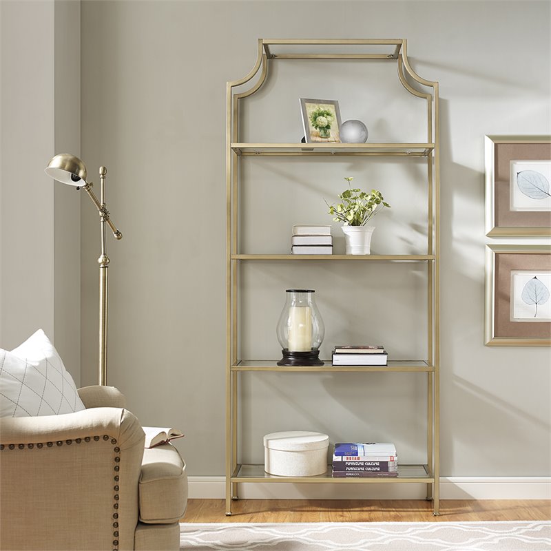 Scranton & Co 4 Shelf Etagere Bookcase in Antique Gold Metal Glass