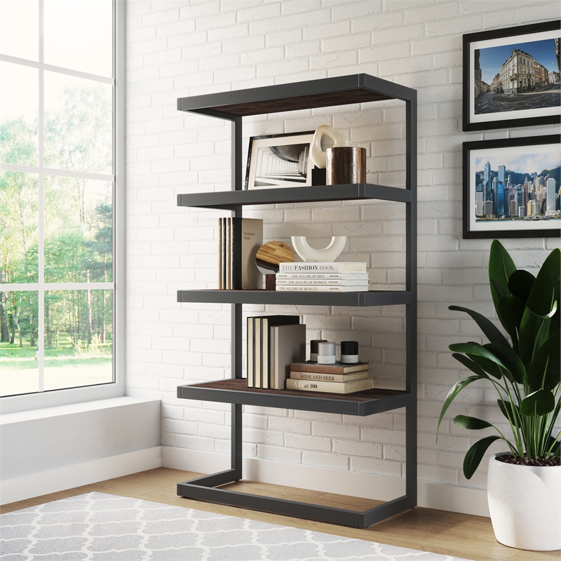 Scranton & Co Solid Acacia Wood Rectangle Bookcase Charcoal Brown 66X36 in