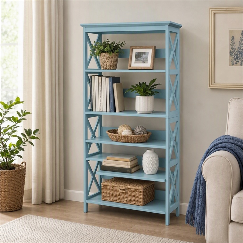 Scranton & Co Five-Tier Wood Bookcase in Sea Foam Blue Finish