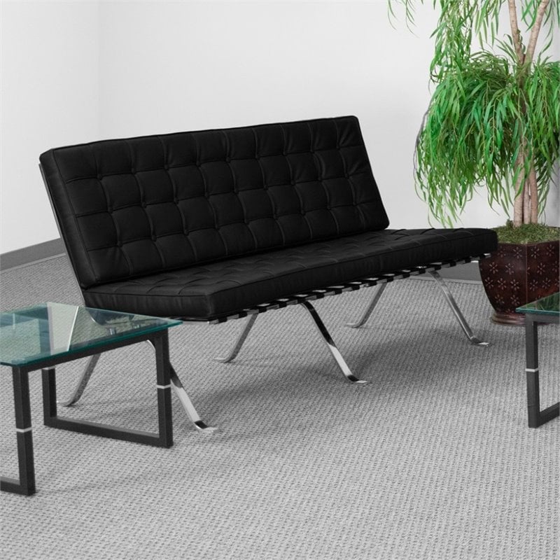 Scranton & Co Leather Tufted Loveseat in Black with Vintage Design
