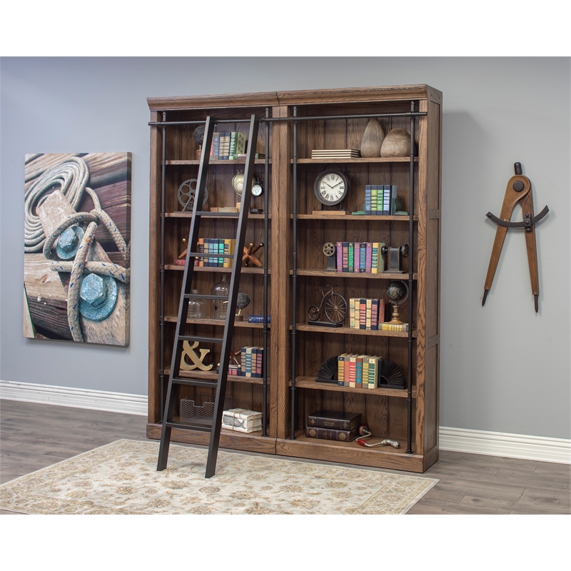 Scranton & Co Tall Wood Bookcase Bundle with Ladder in Oak Finish