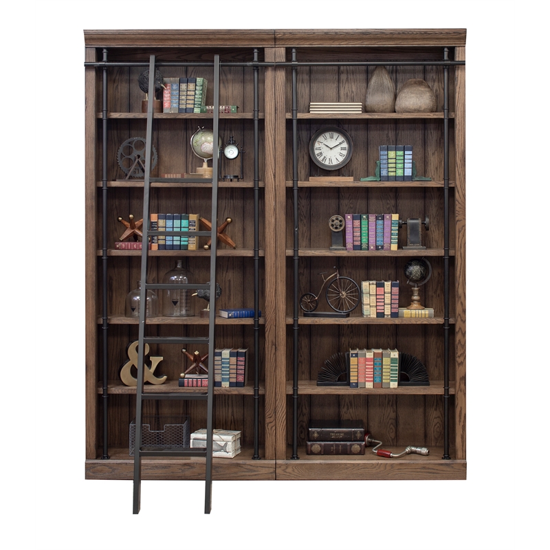 Scranton & Co Tall Wood Bookcase Bundle with Ladder in Oak Finish