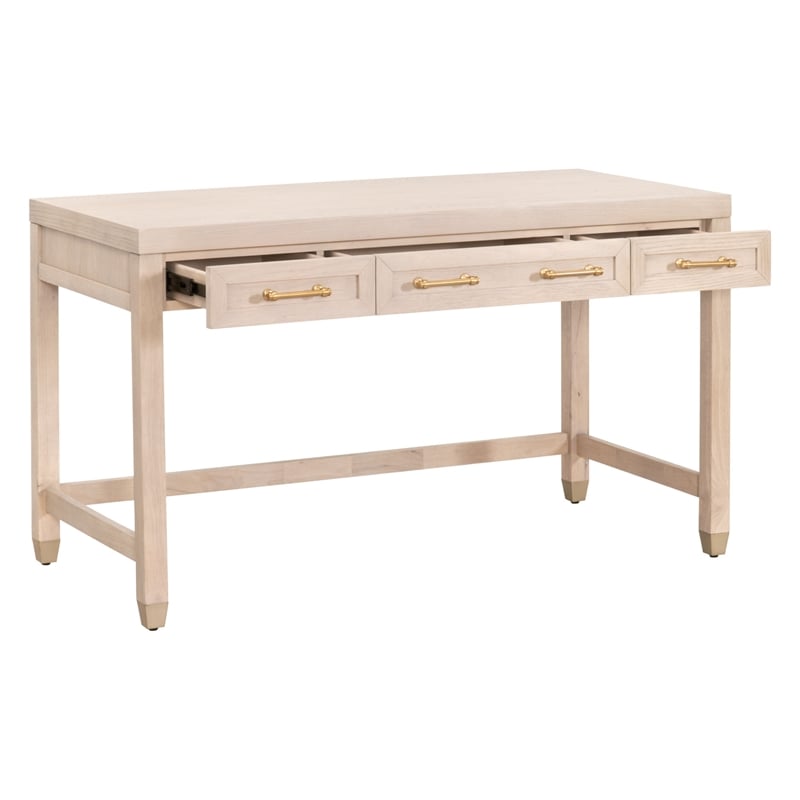 Scranton & Co Wood Desk in Light Honey Oak with 3 Drawers and Brass Accents