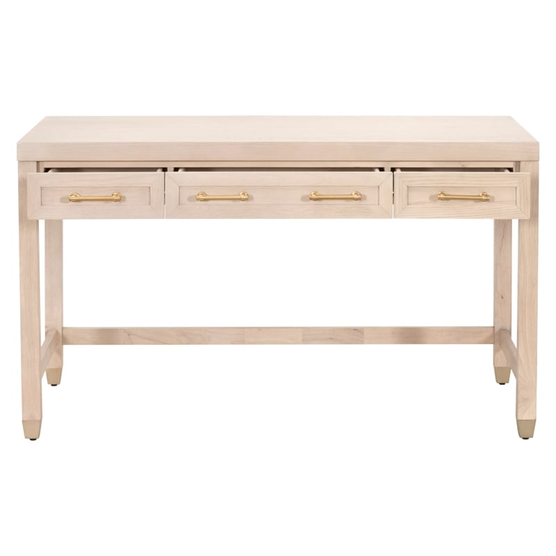 Scranton & Co Wood Desk in Light Honey Oak with 3 Drawers and Brass Accents