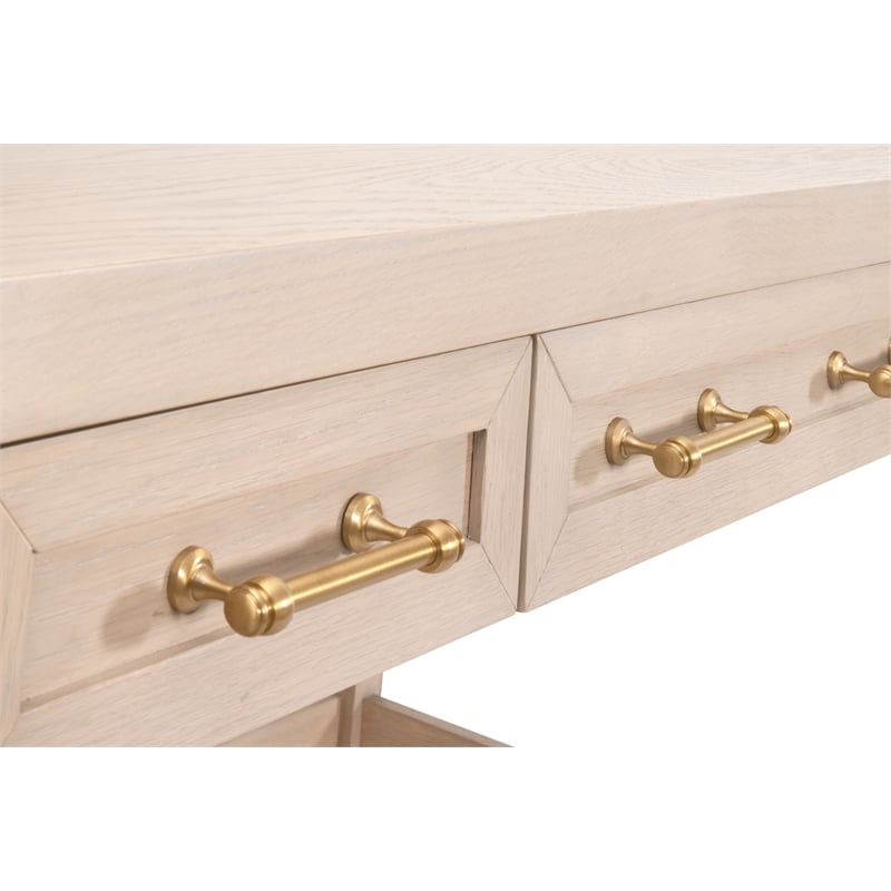 Scranton & Co Wood Desk in Light Honey Oak with 3 Drawers and Brass Accents
