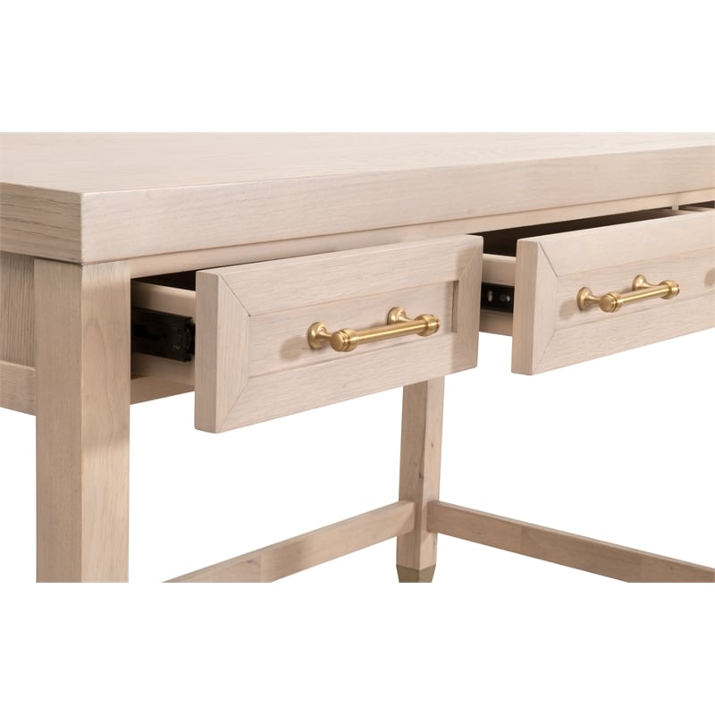 Scranton & Co Wood Desk in Light Honey Oak with 3 Drawers and Brass Accents