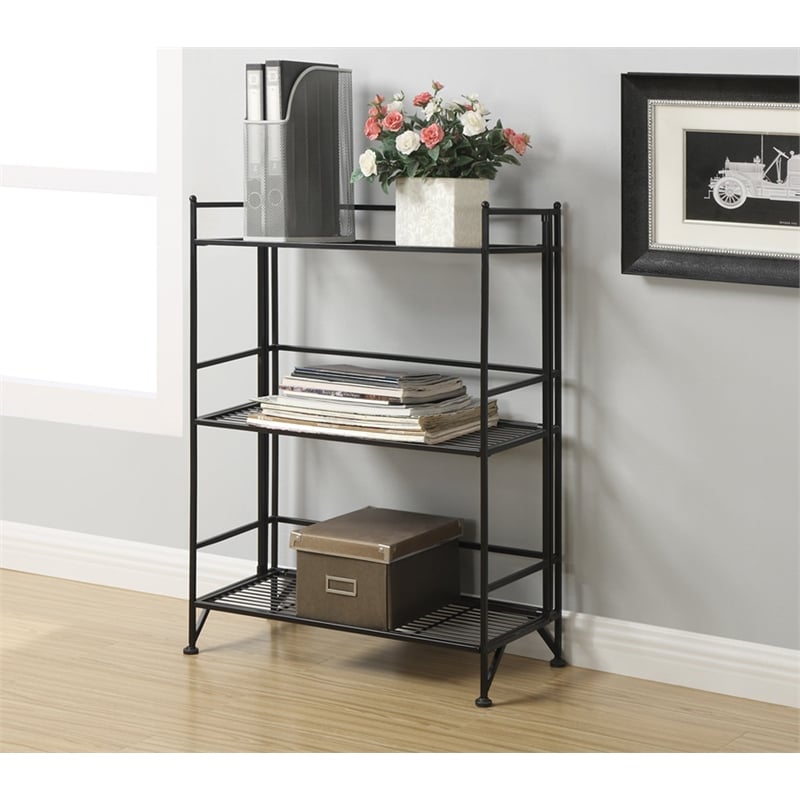 Scranton & Co 3-Tier Wide Folding Shelf in Durable Black Steel