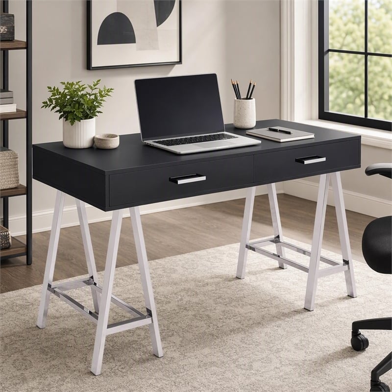 Scranton & Co 2-Drawer Rectangular Office Desk in Black and Chrome