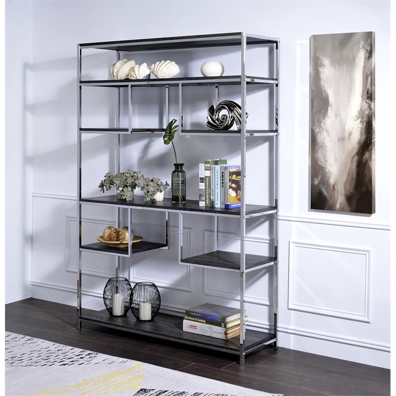 Scranton & Co Wooden Rectangular Bookshelf in Gray Oak and Chrome Metal