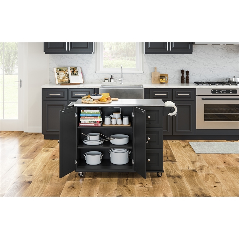 Hawthorne Collections Wood Kitchen Cart with Stainless Steel Top in Black
