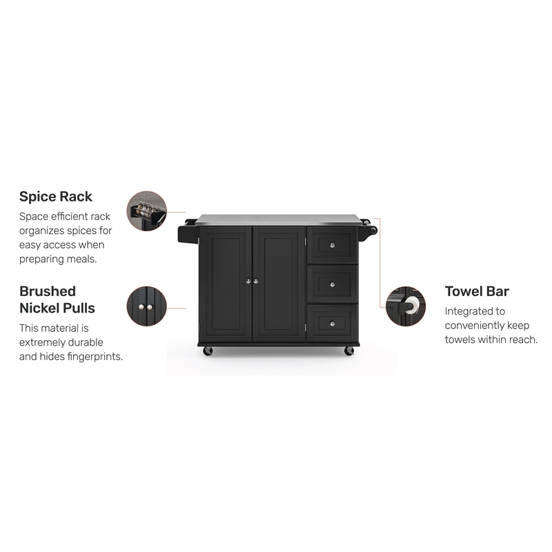 Hawthorne Collections Wood Kitchen Cart with Stainless Steel Top in Black