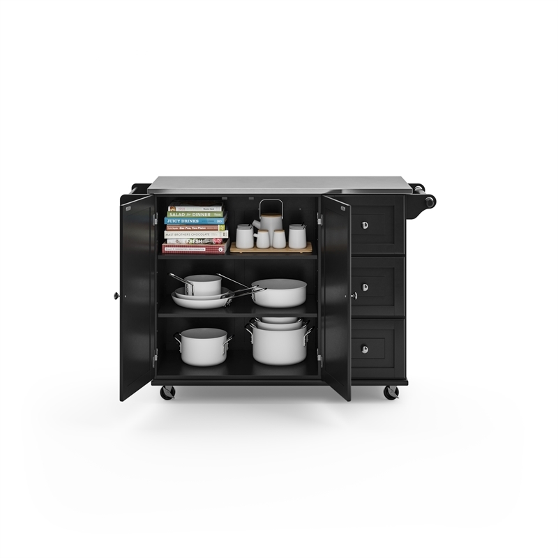 Hawthorne Collections Wood Kitchen Cart with Stainless Steel Top in Black