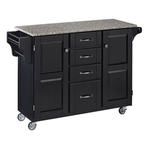 Hawthorne Collections Rubber Wood Kitchen Cart with Granite Top in Black