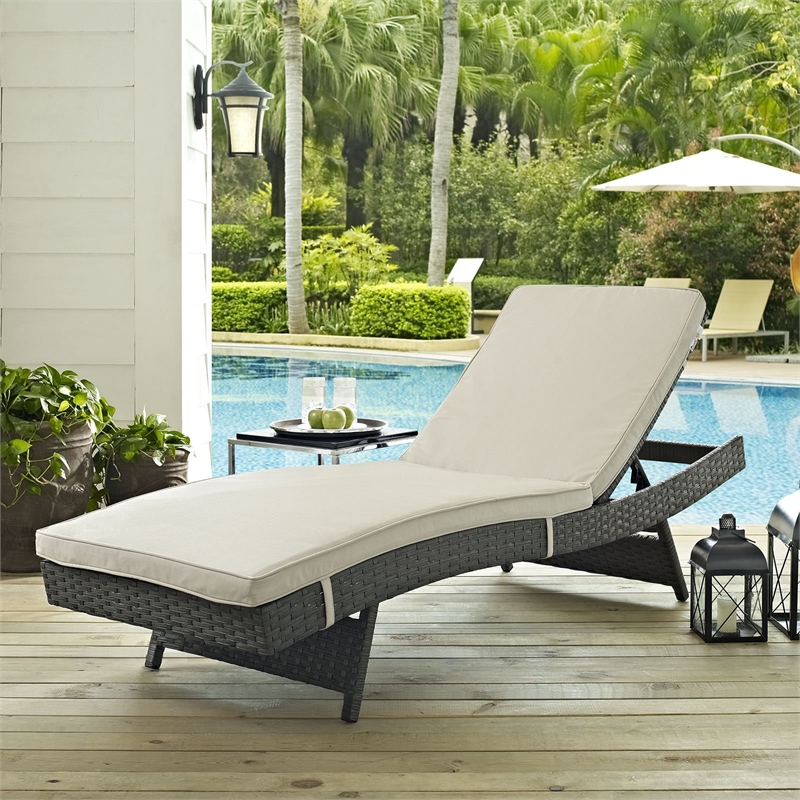 Hawthorne Collections Synthetic Rattan Beige Patio Chaise Lounge Adjustable 78.5