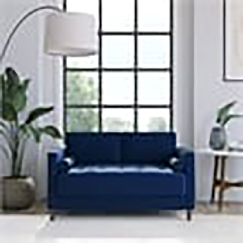 Hawthorne Collections Cushion Back Mid-Century Fabric Loveseat in Navy Blue