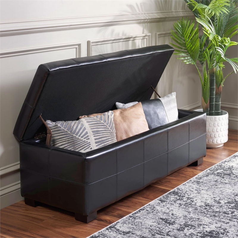 Hawthorne Collection Large Tufted Leather Storage Bench in Black